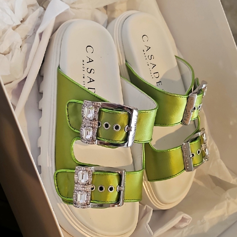 Casadei Lime Green Sandals with Silver Accents